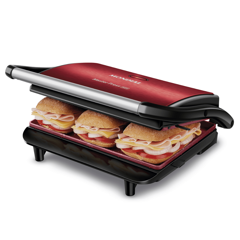 Grill Elétrico Portátil Grelha 2 em 1 Sanduicheira Press Grill Red Ceramic PG-01-RC 1000W Mondial