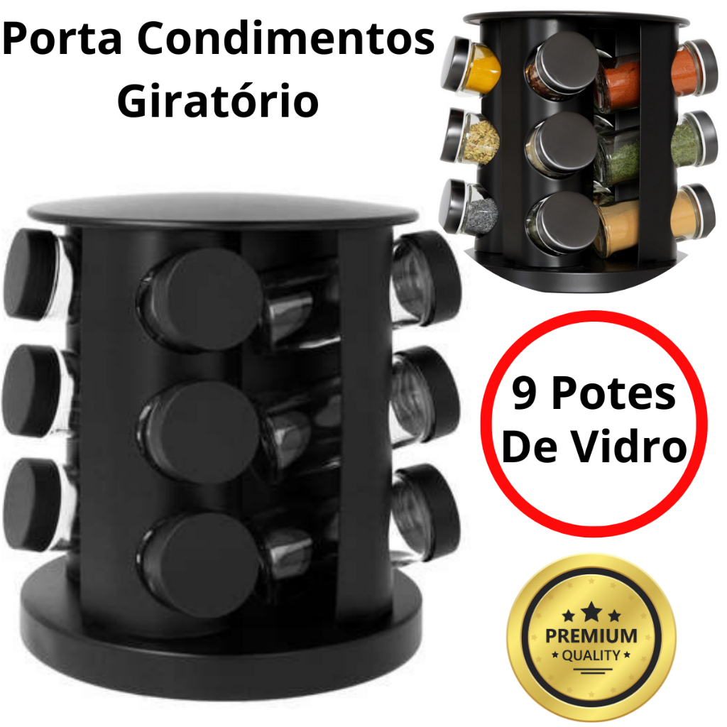 Porta Condimentos Temperos Giratório 9 Potes Vidro 90G com Tampa Dosadora Preto + Etiqueta...