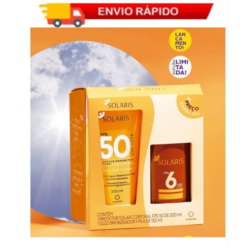 Kit Verão Solaris Hinode Protetor Solar Corporal FPS 50 - 200ml E Óleo Bronzeador FPS 6 - 150ml