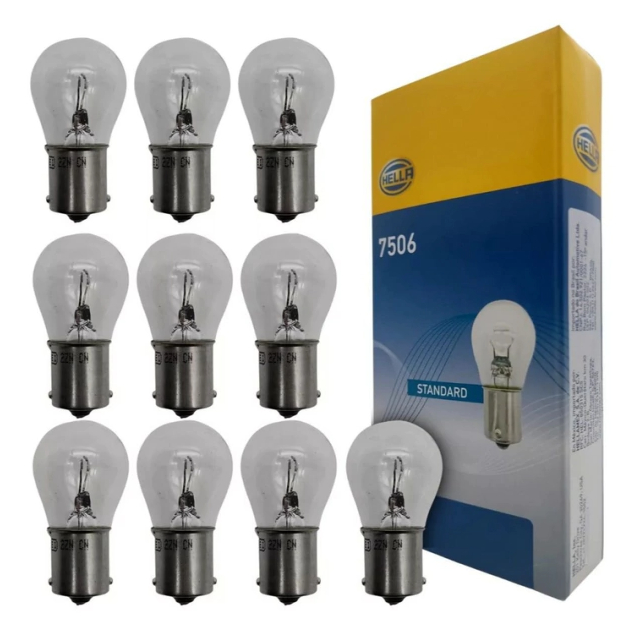 Lâmpada Automotiva 1 Polo 12v 21W Original Hella 7506 Iluminação Amarela - Caixa C/ 10 Unidades