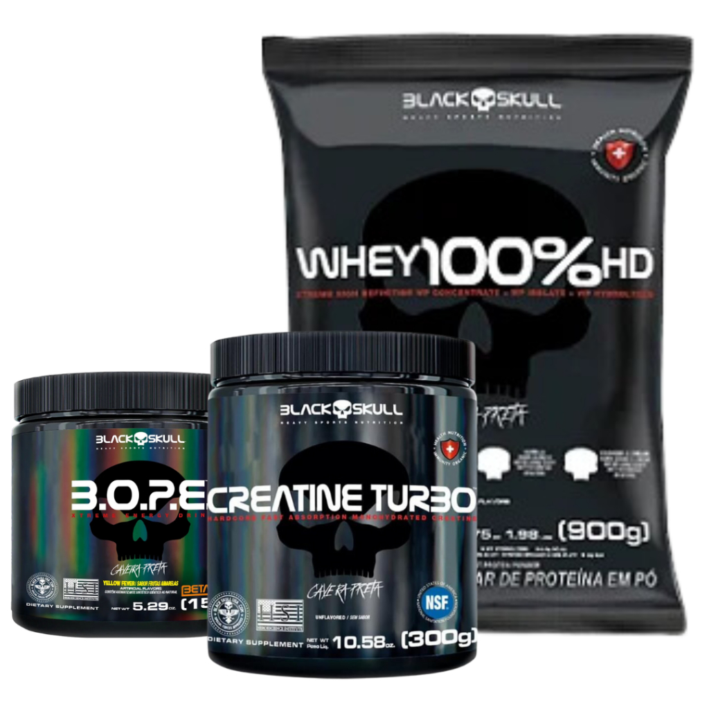 Whey 100%HD 900g Refil + Creatina Turbo 300g + Pré treino B.o.p.e Frutas Vermelhas 150g - BlackSkull em Oferta na Shopee