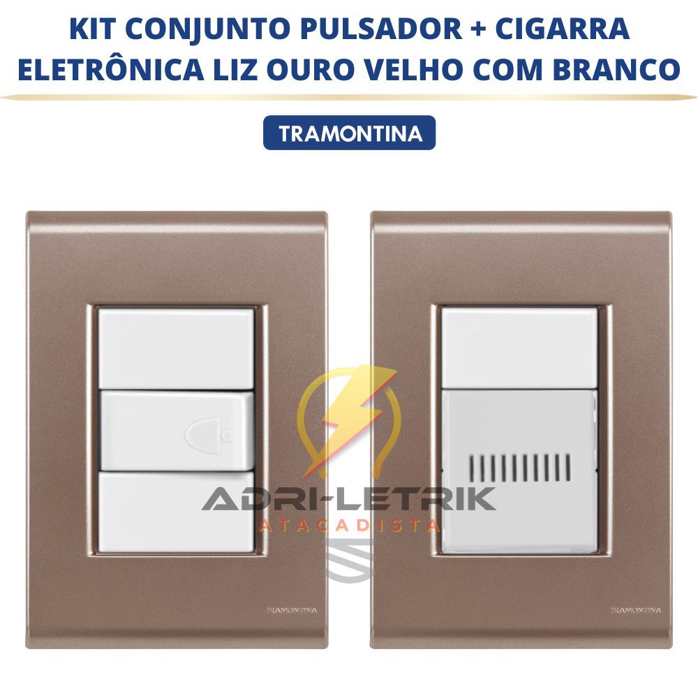 KIT CONJUNTO CAMPAINHA CIGARRA + CJ PULSADOR  LIZ OURO VELHO COM BRANCO TRAMONTINA