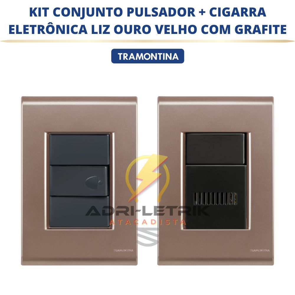 KIT CONJUNTO CAMPAINHA CIGARRA + CJ PULSADOR  LIZ OURO VELHO COM GRAFITE TRAMONTINA