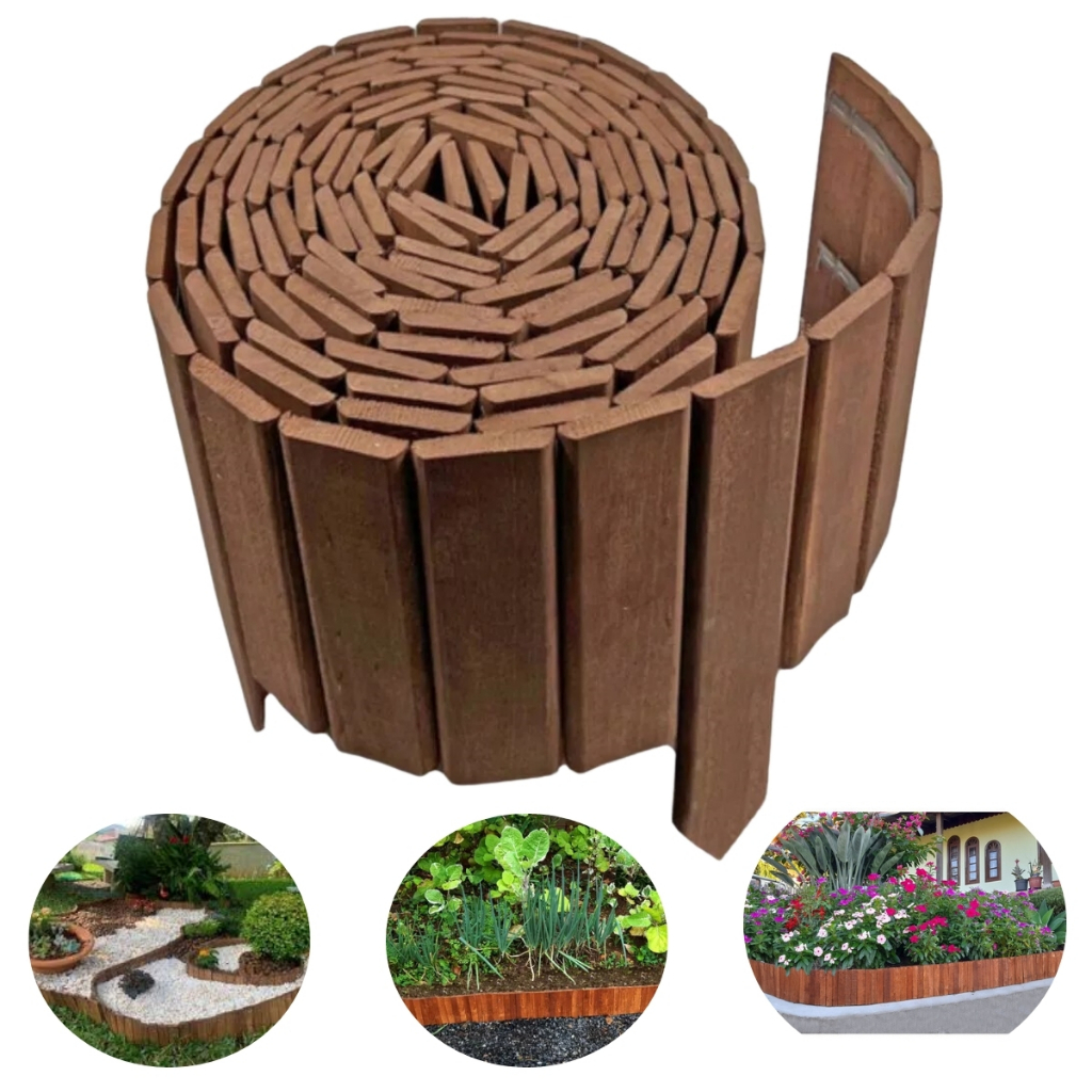 Limitador de Jardim 7m Cerca de Madeira Eucalipto Borda de Grama para Horta e Seixo