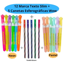 Kit 12 Marca Texto Slim ( Pastel e Neon) Masterprint + 5 Canetas Esferográfica Wow Fundo Escuro 0.7mm Jocar