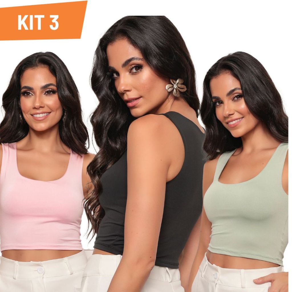 KIT 3 Cropped Alça Grossa Feminina Suplex Duplo Forro Elegante Moda Blogueira Tendencia