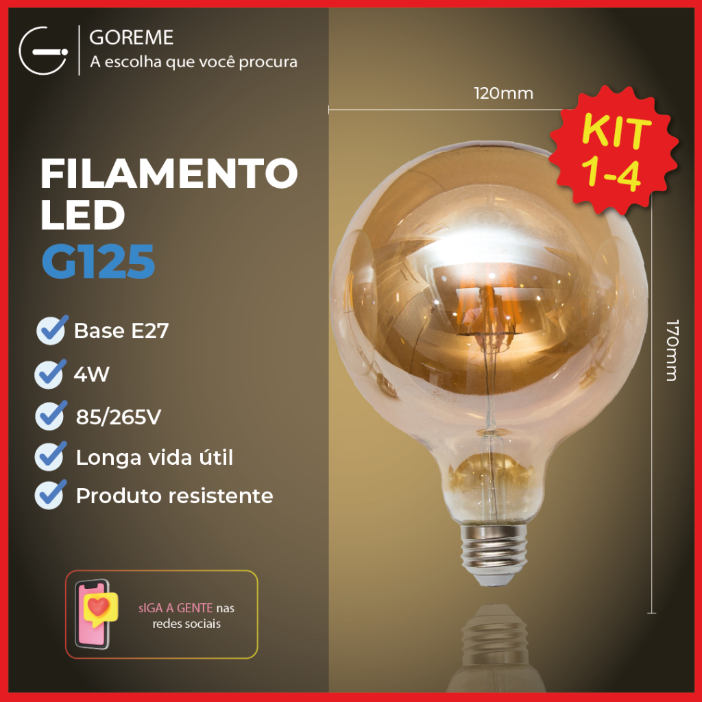 Lâmpada Filamento LED G125 4W E27 LUZ QUENTE Âmbar Retrô Vintage 110V~220V | Bivolt em Oferta na Shopee