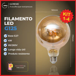 Lâmpada Filamento LED G125 4W E27 LUZ QUENTE Âmbar Retrô Vintage 110V~220V | Bivolt