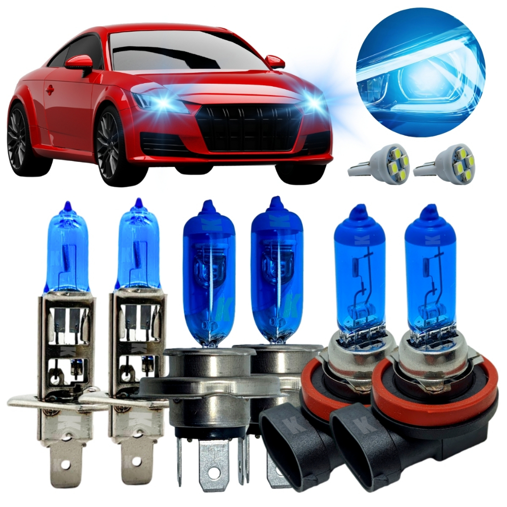 Kit Par Lâmpadas Super Brancas Automotiva 8500K + T10 H1 H3 H4 H7 H8 H9 H11 H13 H16 H27 HB3 HB4 HIR2