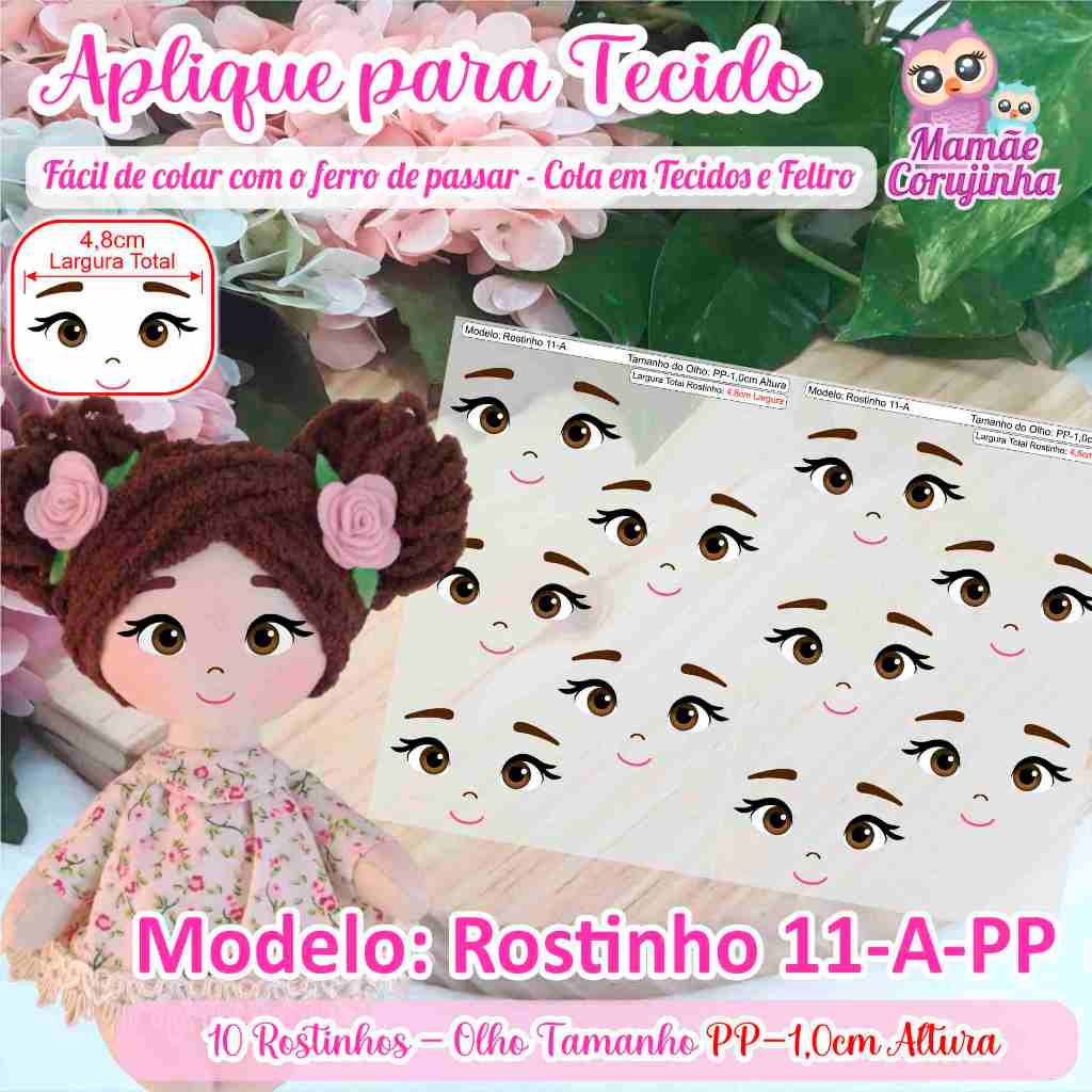 Rostinho 11-PP (para Boneca Pequena) - Olhos Aplique Adesivo para boneca de Tecido ou Feltro - Mamãe Corujinha