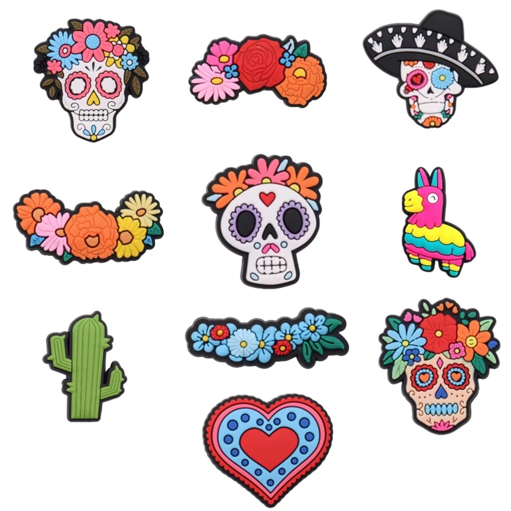 PIN BOTON BROCHE ENFEITE PARA CROC CALÇADO CAVEIRA MEXICANA CATRINA KIT COM 7 PINS SORTIDOS