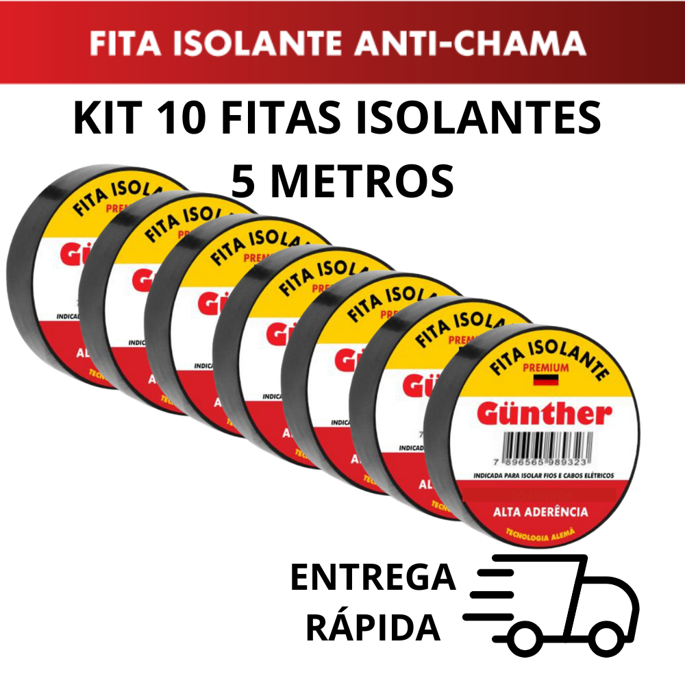 Kit 10 ou 5 Fitas isolante 5 Metros Alta Qualidade Anti-Chama Gunther em Oferta na Shopee