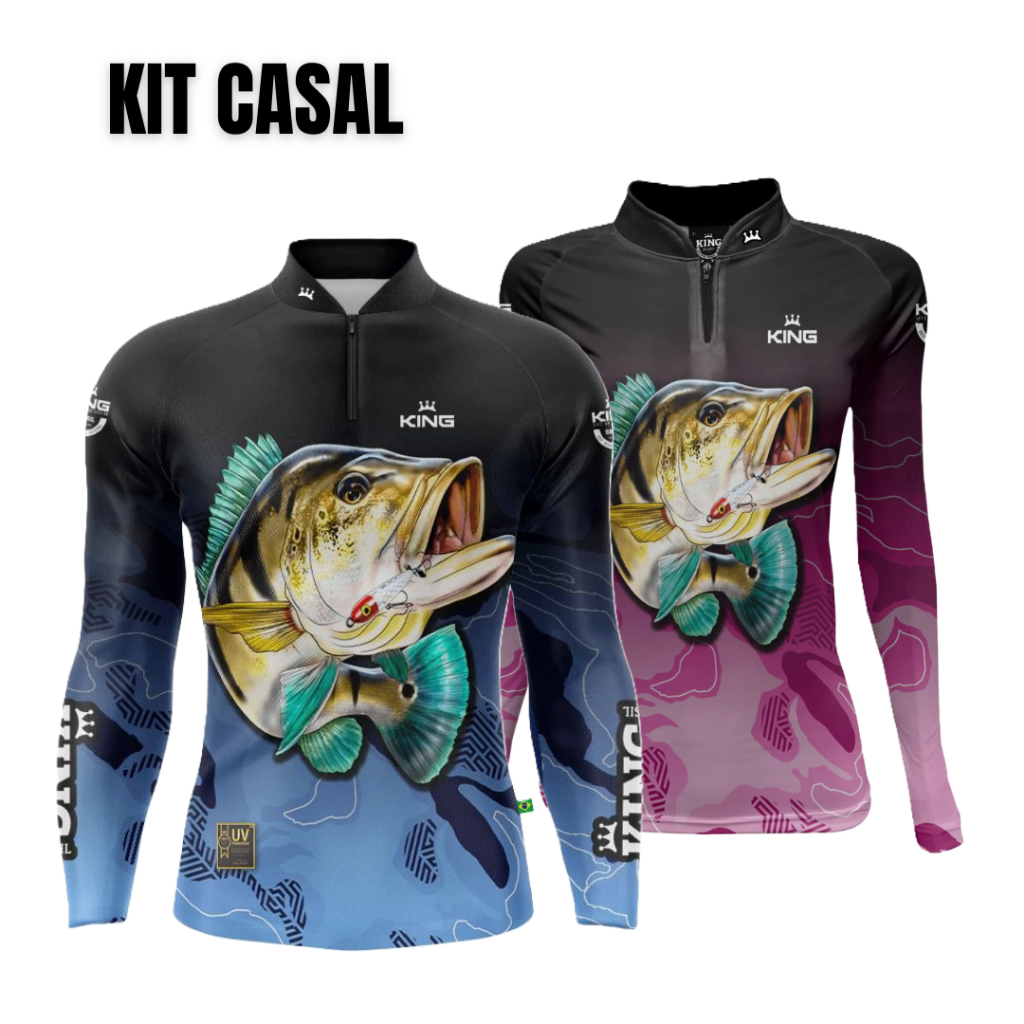Kit Casal 2 Camisetas de Pesca Tucunaré King Brasil c/Proteção UV50 Estampas Iguais Nova Coleção