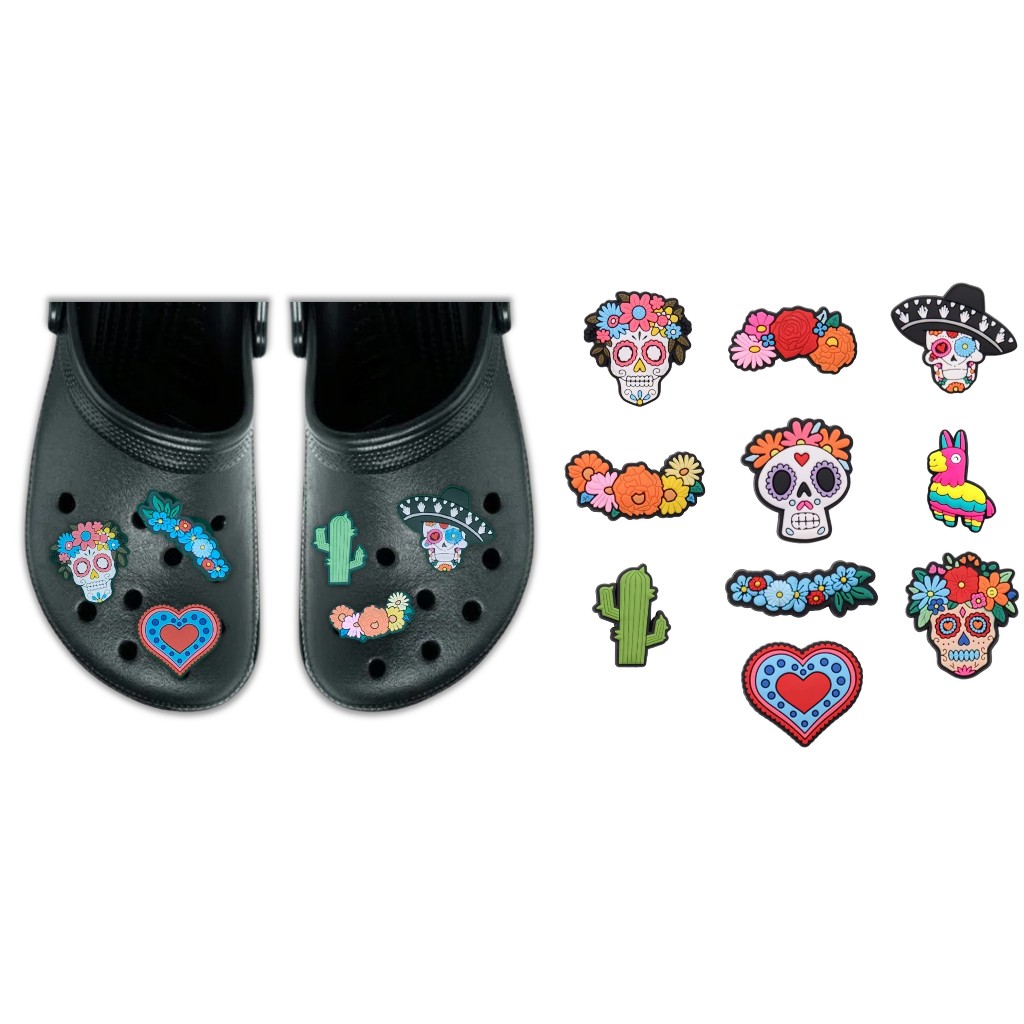 Pins Boton Broche Enfeite Para Croc Calçado Caveira Mexicana Kit com 7 Pins Sortidos