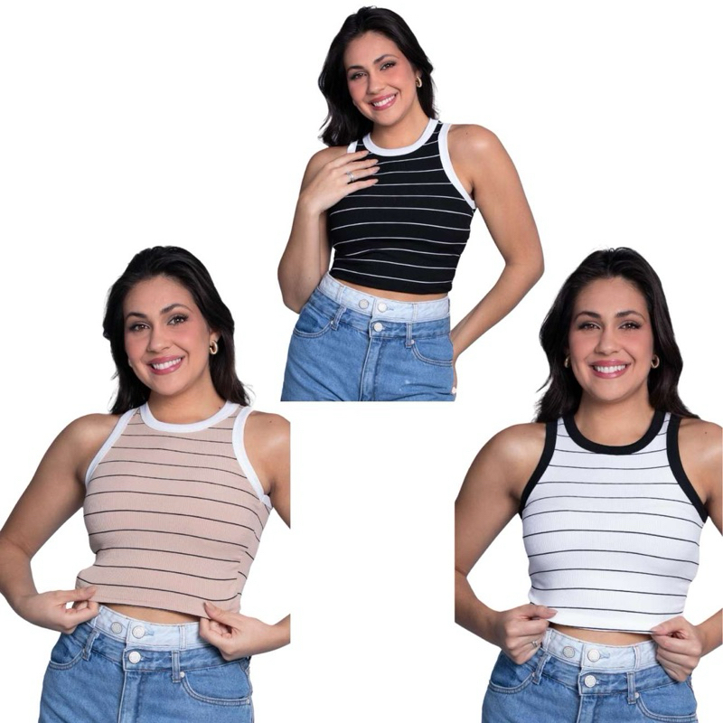 Kit/ 3 Cropped Top Blusinha Feminino Regata Listrada Tecido Ribana com Elastano Canelada Premium Cores sortidas