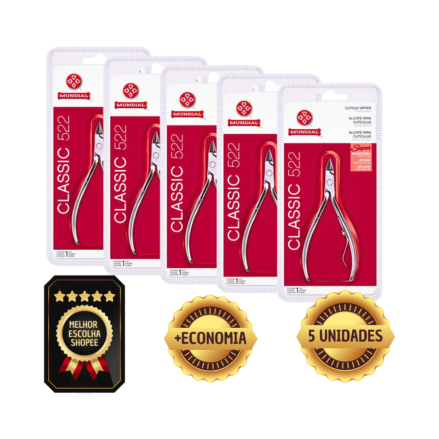 Mundial Kit 5 Alicates de Cutícula 522-C Classic – Aço Carbono Niquelado, Corte Preciso e Durável
