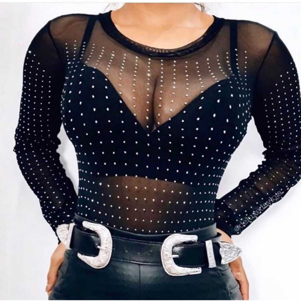 Body Tule Pedraria Transparente Manga Longa Brilho em Oferta na Shopee
