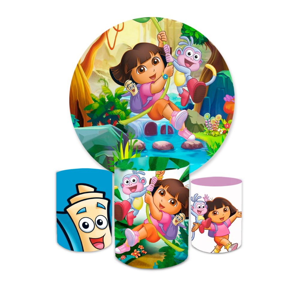 Kit Capa Painel Redondo + Trio Capas Cilindro c/ Elástico Tema Dra Aventureita Decoração Infantil