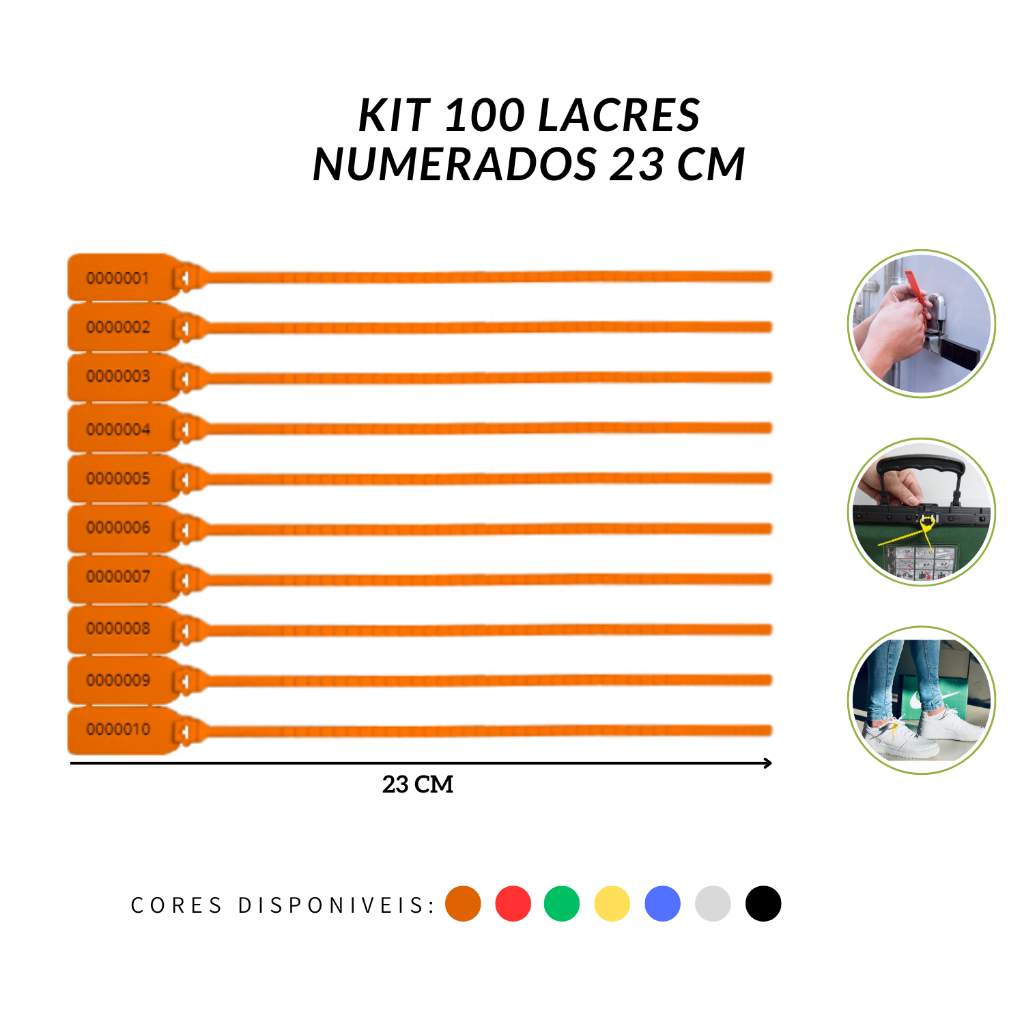 Kit 100 Lacres 23cm Numerado Segurança Malote Containers Cargas Uso Hospitalar - Varias Cores Kit 100 Lacres 23cm Numerado Segurança Malote Containers Cargas Uso Hospitalar - Varias Cores