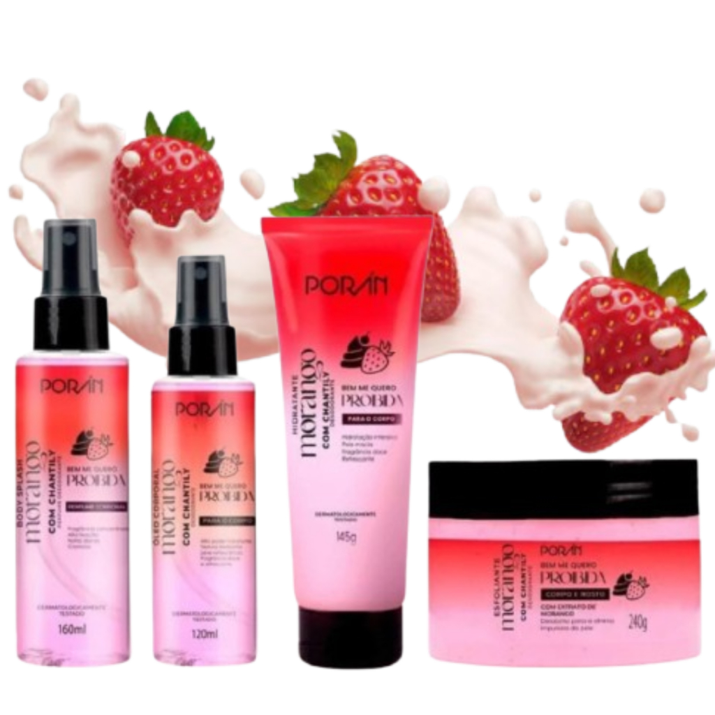 Kit banho cuidado corporal poran morango com chantilly oleo hidratante esfoliante body splash