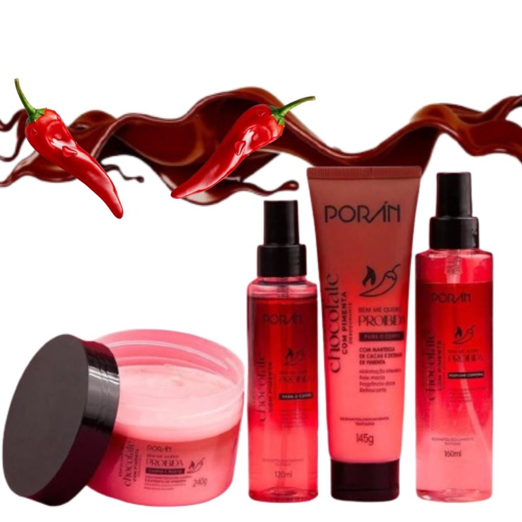 Kit Cuidado Corporal banho Poran Chocolate Com Pimenta oleo hidratante corporal esfoliante body splash
