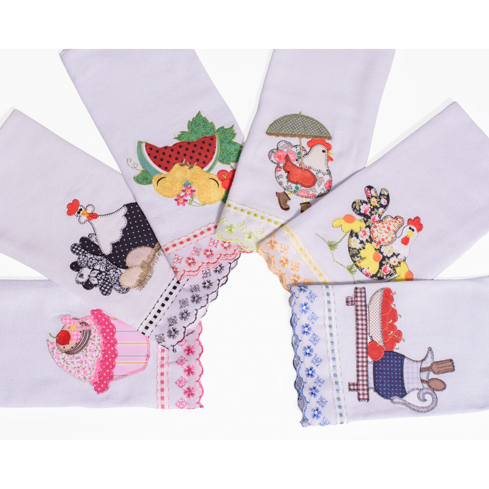 Kit 7 Panos De Prato Bordado Lese Passa Fita Atacado Patchwork 48x68 Delicado Minimalista Sacaria