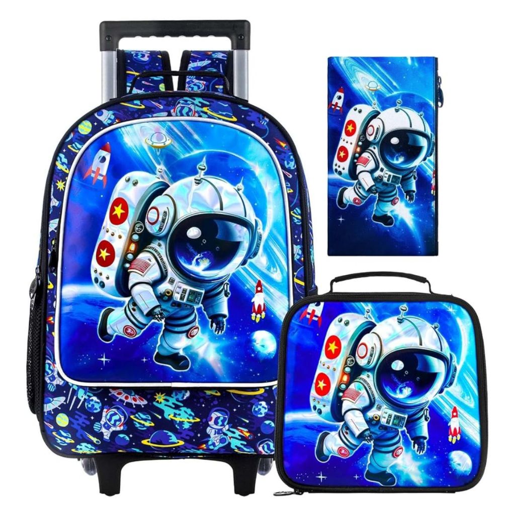 Kit Mochila Infantil 2 Em 1 Menino Astronauta Reforçada Prática Grande Volta às Aulas