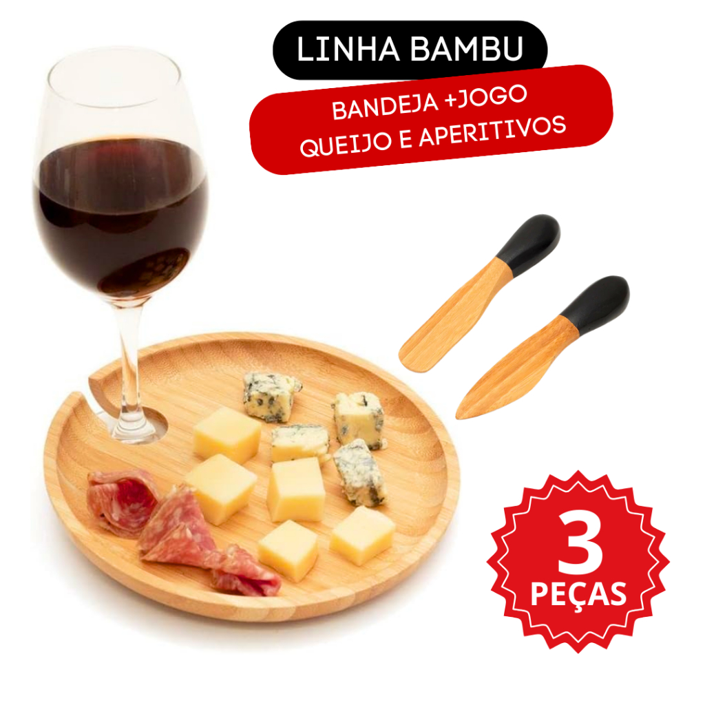Jogo 2 Utensílios + Bandeja Bambu Queijo Petiscos Frios Apoio Taça Antepasto Aperitivo