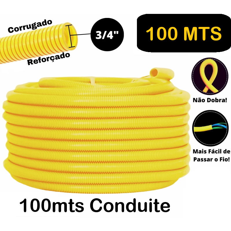 Conduite Eletroduto Corrugado Amarelo 3/4 100 Metros REFORÇADO PEAD Alta Qualidade