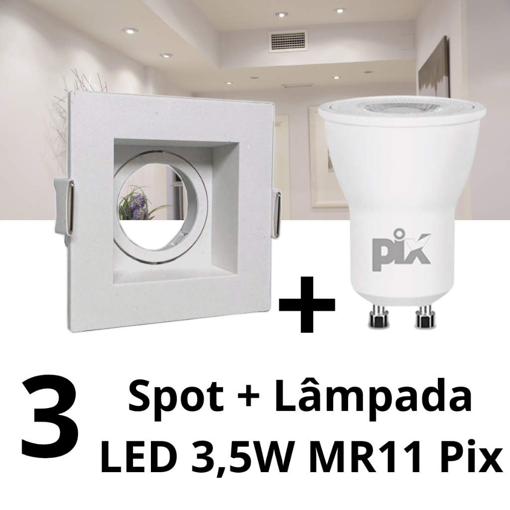 Kit 3 Spot Embutido Recuado MR11 Quadrado + Lâmpada mini dicroica 3,5W GU10 Pix em Oferta na Shopee
