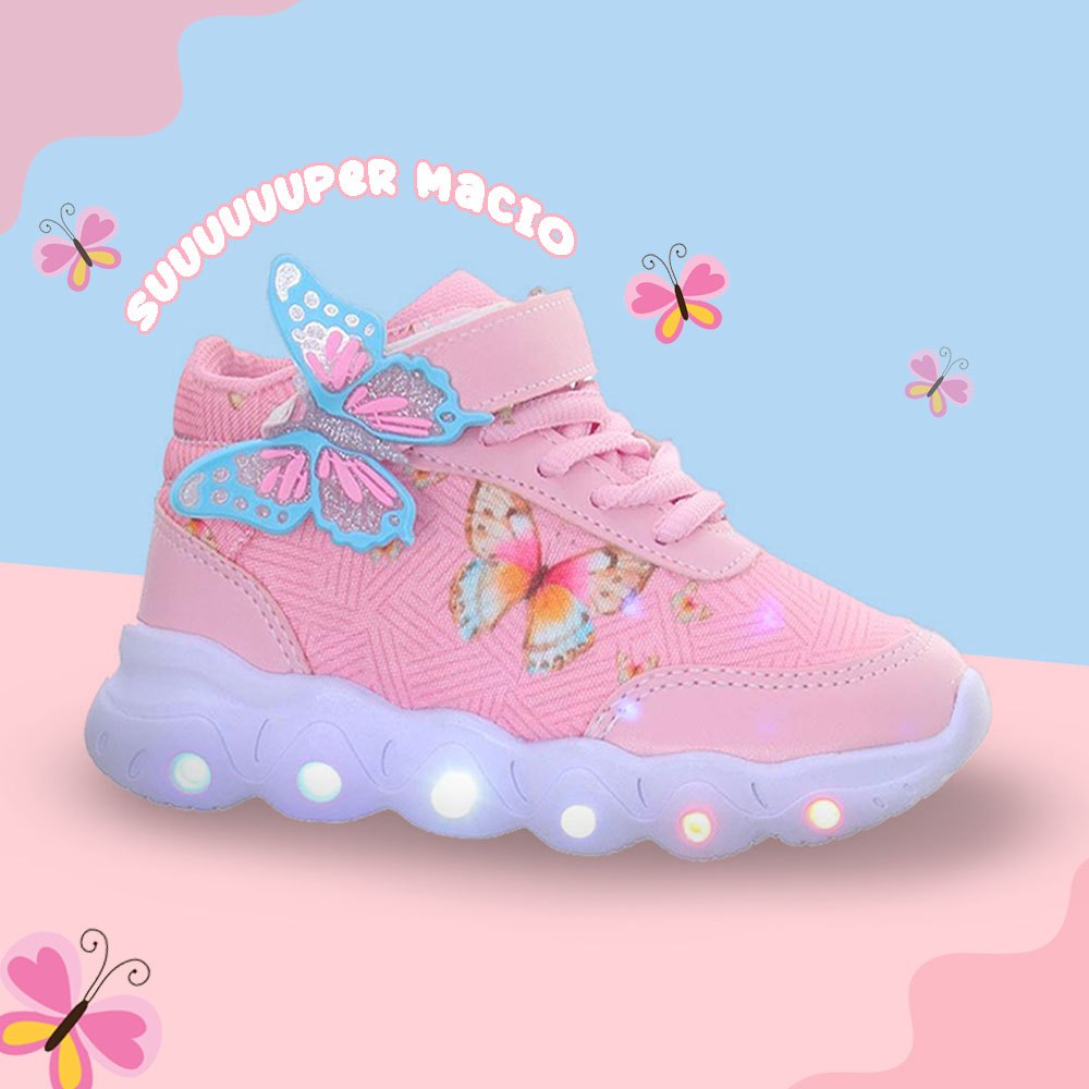 Botinha Infantil Calçado Com Luzinha de Led Menina Borboleta Rosa