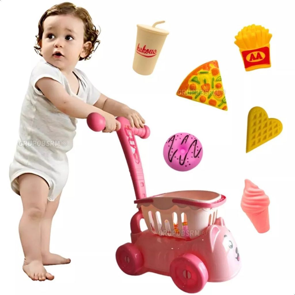 Kit brinquedo andador bebe carrinho passeio infantil + acessórios de mercadinho presente menino natal menina 12 meses