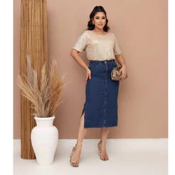 Saia Jeans Feminina Longa Cintura Alta Com Fenda Midi Evangélica 38 ao 48 Azul Escuro
