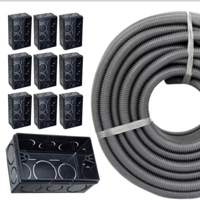 Kit Conduíte Corrugado 50 Mts Reforçado 3/4 + 10 Caixa De Luz 4x2 Preta De Embutir caixinha 4x2