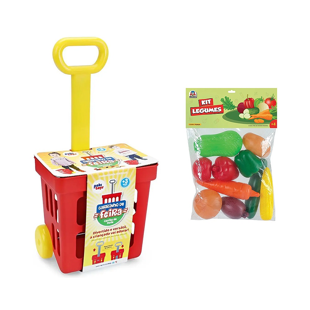 Carrinho De Feira, Mercado, Brinquedo Educativo , Faz de conta Com Kit Frutas E Legumes