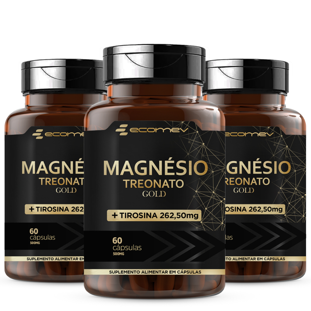 3x Magnesio Treonato + L Tirosina Gold 500Mg 180Cáps Ecomev - Kit 6 Meses
