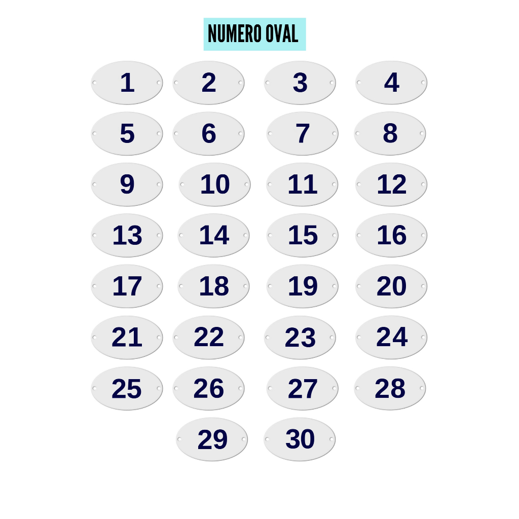 Número Oval de PVC - Números 1 ao 30 - Kit Com 10 Unidades