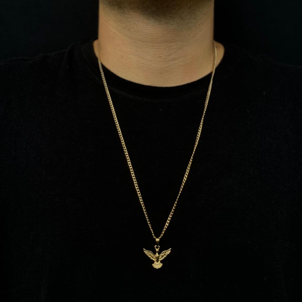 Corrente Groumet Pingente Espirito Santo Banhados a ouro 18k Cordão Groumet Masculina Espirito Santo