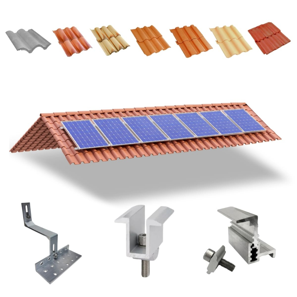 Kit Estrutura Suporte Fixador Linha C Para 07 Placas Solar Alumínio e Inox Telha Cerâmica e Cimento