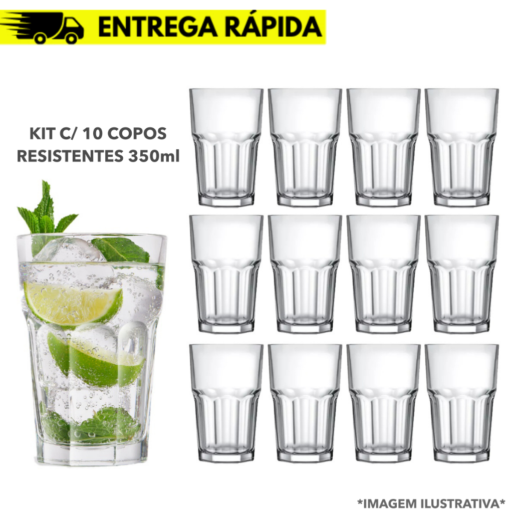 Conjunto Jogo 10 Copos Bristol Long Drink 350ml Vidro Grosso Bar Restaurante Buffet
