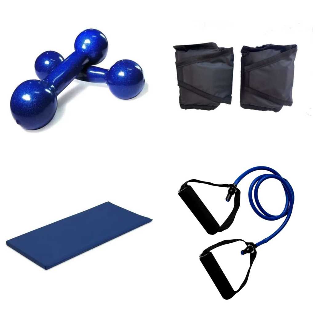 Combo Funcional: Halter Azul 1kg + Caneleira Preta 1kg + Colchonete + Elástico Extensor