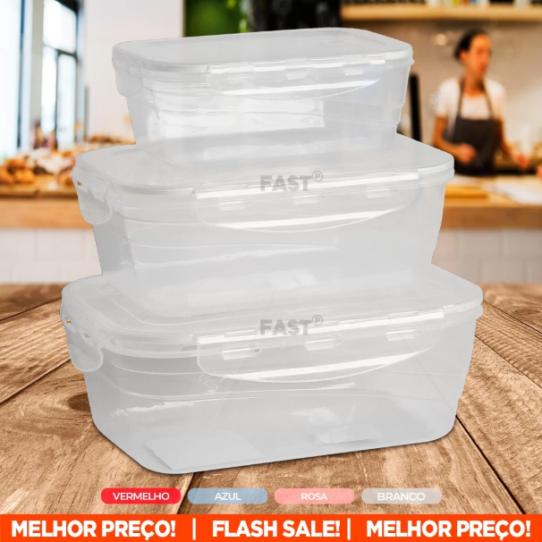 Kit 3 Potes Hermético Plástico Resistente Tampa Vedação Marmita Organizador Geladeira Vai ao Freezer