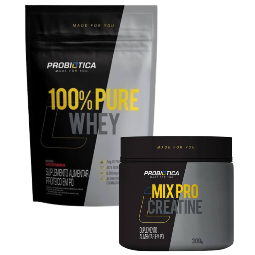 Whey 100% Concentrado Refil 900g + Creatina Mix Pro 300g Probiotica - Health