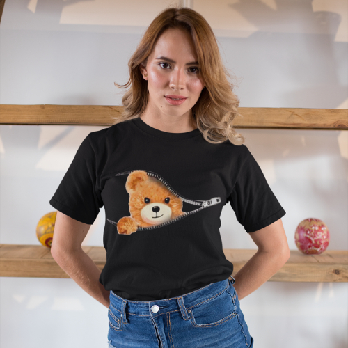 Camiseta Urso Fofinho Ziper Algodāo Unissex Preta/Branca Moda Feminina T-shirt