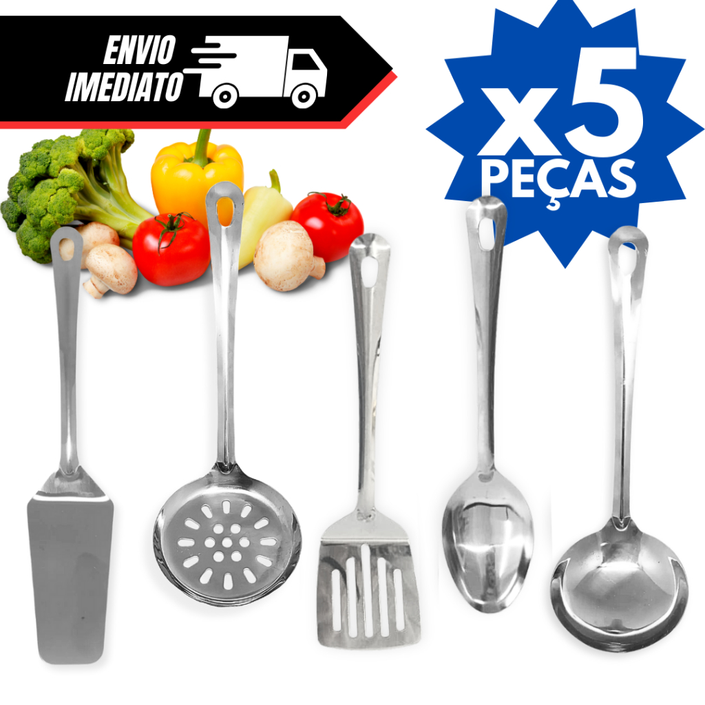 Kit Cozinha Colher de Arroz Espatula BOLO Escumadeira Espatula Concha 5 Peças Utilidades INOX