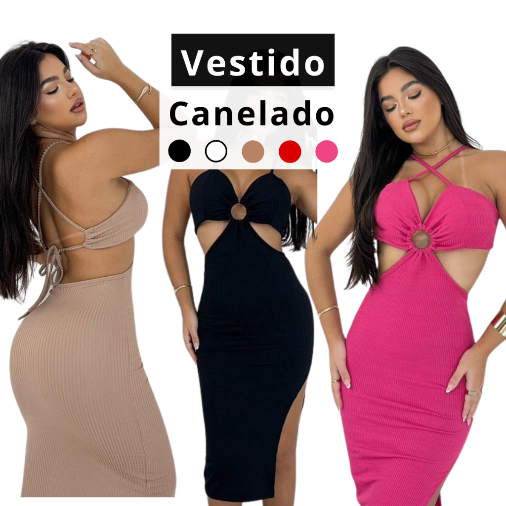 Vestido Canelado Midi Feminino Tubinho Com Fenda Moda Casual com Bojo Elegante Tubinho