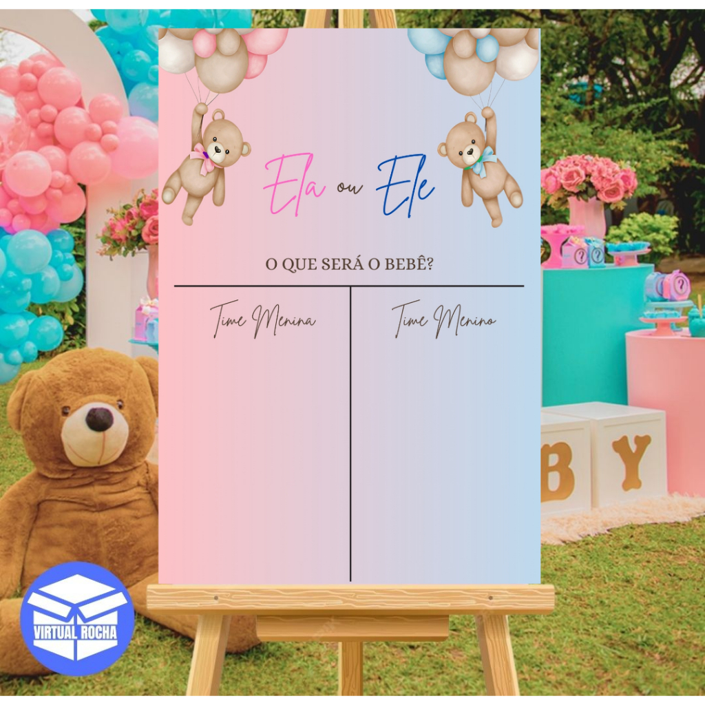 Quadro Decorativo Chá Revelação Rosa e Azul Ursos Ele ou Ela em Oferta na Shopee