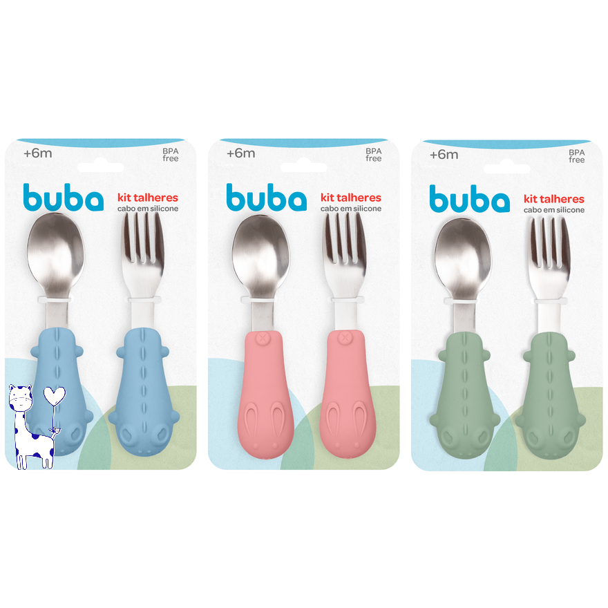 Kit talheres infantil Dino/Coelhinho Buba colher garfo aço inox cabo silicone seguro divertido bebê