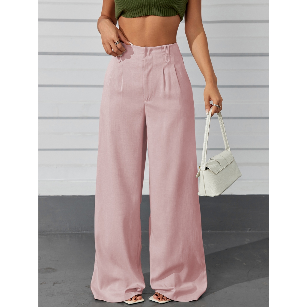 AS1401-Calças femininas de cintura alta e perna reta com botões ocultos em Oferta na Shopee