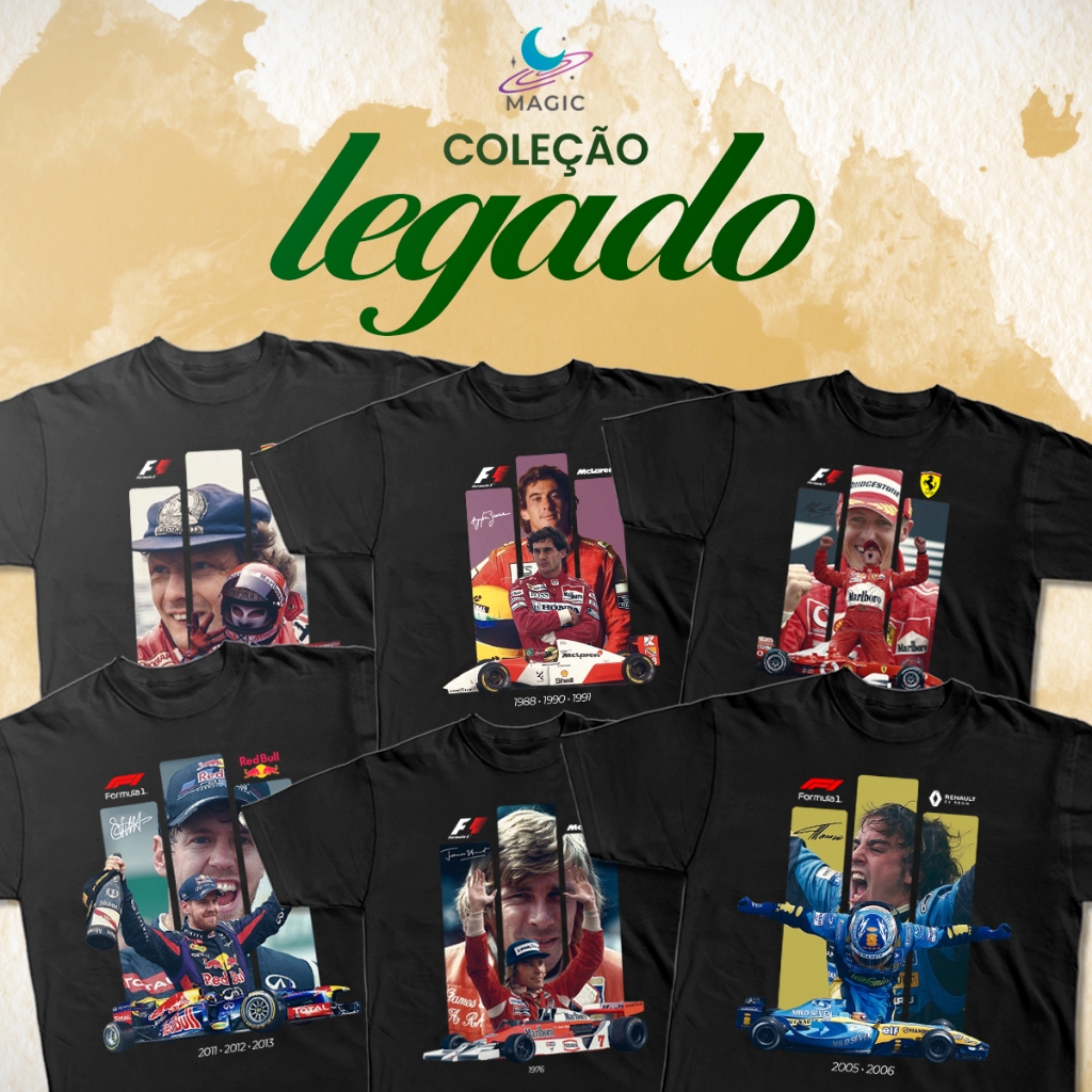 Camisetas Coleção Legados Pilotos Históricos F1 Lendas 100% Algodão